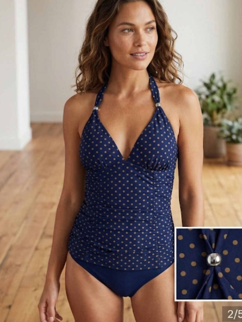 - - Lands End navy/brown polka dot ruched tankini top